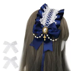 【在庫セール】コスプレ かわいい キュート 萌え lolita 蝶結び レース カチューシャ 髪飾り メイドカフェ ロリータ ロリータ ロリータ ヘッドドレス (ネイビー) チャーム リボン サムコス