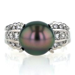 Pt900 プラチナ リング 黒蝶真珠 9.5mm ダイヤモンド 0.34ct ブラックパール パヴェ 指輪 10号【新品仕上済】【zz】【中古】