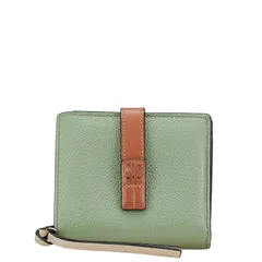 ロエベ アナグラム トライフォールド 二つ折り財布 ラウンドファウナー コンパクトウォレット コインケース グリーン グレー レザー レディース LOEWE【1-0186144】