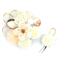 髪飾り 成人式 水引 つまみ細工 振袖 前撮り 袴 2点セット 花 菊 ちりめん 白 生成り アイボリー 玉飾り 和柄 コーム Ｕピン No.12-0651