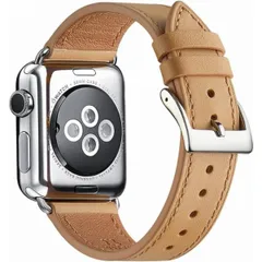 Apple Watch バンド 本革製 レザー (42/44/45/49mm,キャメル/シルバーバックル)