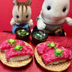 748肉寿司セット⭐️ミニチュアフード　ドールハウス　ドール　リカちゃん　シルバニア　樹脂粘土　ねんどろいど　ブライス　オビツ　ぬいぐるみ　フィギュア　ミニチュア　フェイクフード　食品サンプル　エイミーショップ
