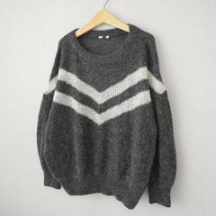 モヘアセーター クルーネック ニット ライン グレー ホワイト 白 灰色 古着【UR-0629】