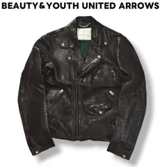 【本革】 ビューティーアンドユース ユナイテッドアローズ BEAUTY＆YOUTH UNITED ARROWS 羊革 ラムレザー ダブル ライダース ジャケット 革ジャン S ブラック x グリーン メンズ