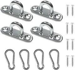 ハンモック用 ブランコ (厚さ5mm 日よけ シェードセイル 灯 戸棚 高強度木製ドア 止め 耐腐食性 取り付け金具 金具 固定 U型 天井フック アイ耐久性壁/天井マウントフック 4個入り+カラビナ4個) フック ステンレスループ ステンレスループ 304ス
