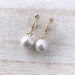 ◆ 08 ホワイト コットンパール ジルコニア フープ ピアス イヤリング 10mm ◆　定番 人気 上品 シンプル 小ぶり ハンドメイド 結婚式 卒業式 入学式 オフィス　☆シルバーカラー変更可