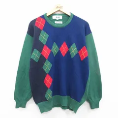 L/古着 長袖 セーター メンズ 90s アーガイル コットン クルーネック 緑他 グリーン 24oct07 中古 ニット トップス