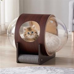 猫用ベッド 宇宙船型 透明ドーム付き 木製キャットハウス 爪とぎポール＆クッション付き 小型犬兼用 ペットハウス 組立簡単 お手入れ楽々 オールシーズン対応