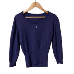 美品 Vivienne Westwood ヴィヴィアンウエストウッド オーブ刺繍 ラウンドネック クロップド ニット カットソー パープル レディース 古着 中古 USED