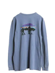 【お得なクーポン配布中!】 パタゴニア 両面 プリント 長袖 Tシャツ メンズ М 古着 19年製 ロンT ロングスリーブ フィッツロイ バイソン イラスト バックプリント 青