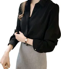 albafica アルバフィカ レディース シャツ ブラウス トップス 長袖 ワイシャツ ブラックフレアスリーブ 衣装 フィット 春 ラメ 秋冬 ワイドスリーブ 黒 レースアップ フリル ロック ロゴ( ブラック,  L)