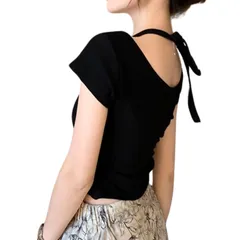 [G-tiamo] [ジーティアモ] 半袖 シャツ レディース Tシャツ ショート丈 カットソー トップス 韓国 かわいい おしゃれ ストレッチ 無地 カジュアル インナー 薄手 シンプル 肩だし カワイイ ネック タイト 短め 丈 オフ [ブラック] [L]