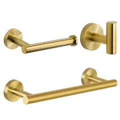 新品 ３点セット おしゃれ ステンレス トイレットペーパーホルダー & タオルバー & タオルフック ビス止め キッチン トイレ 浴室 壁掛け バスルームアクセサリー ゴールド ネジ付き【セット買い】 (3点セット-タオルバー-ゴールド)