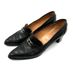 【美品】HERMES　エルメス　パンプス　ローファー　モカシン　36.5　Hロゴ　ヒール　カーフレザー　ブラック　革靴
