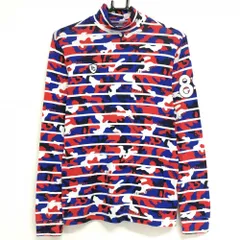 【美品】パーリーゲイツ 長袖ハイネックシャツ ブルー×レッド×白 迷彩 ボーダー カモフラ  レディース 1(M) ゴルフウェア PEARLY GATES