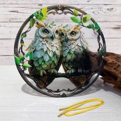 【フクロウ No.1】サンキャッチャー風アクリルオーナメント｜吊り下げ式ステンドグラス風インテリア／窓・壁装飾◎