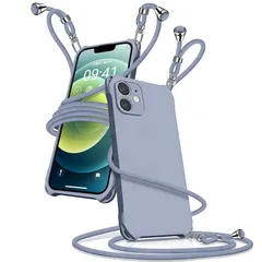 iPhone12 ケース ショルダー シリコン iphone 12 スマホケース アイフォン12 カバー 耐衝撃 肩掛け 斜めかけ 縄掛けケース 紐付き 斜めがけ 織りストラップ付き 長さ調整可能 取り外し可能 傷付き防止 マット質感 指紋防止(グレーブル 1