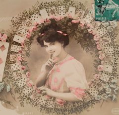 花々に囲まれたボンネットの少女 フランス ヴィンテージ ポスト