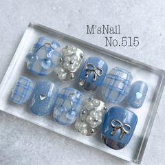 ネイルチップ さくらんぼ ちゅるん うるうる 水色 青 チェック ガーリー 可愛い リボン