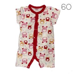 古着   ロンパース　60  半袖  夏服  クマ 赤 白  赤ちゃん　新生児  baby ベビー　動物　フォロー割り    C21