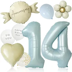 【新品】 deerzon くすみブルー 14歳 くすみカラー 数字 バルーン 誕生日 飾り付け 10点 セット 大きい 65cm くすみ ニュアンスカラー ナンバーバルーン バースデー 0