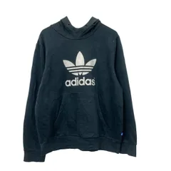 adidas プリントスウェット パーカー L ブラック ホワイト アディダス プルオーバー ビッグロゴ スポーティ 古着卸 アメリカ仕入 a709-6182