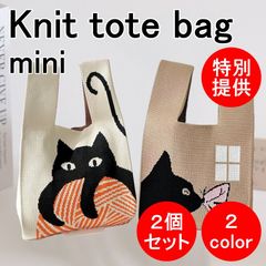 ＼冬応援☆2個セット／ ☆特別提供品☆数量限定！☆ INS 韓国 ニットバッグ トートバッグ マルシェバッグ エコバッグ サブバッグ ミニトート ミニバック トート バッグ 人気 猫と蝶 & 猫ホワイト 2個セット