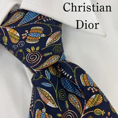 《美品》Christian Dior (クリスチャンディオール) シルクネクタイ 総柄 ペイズリー 花 葉 植物 鳥 ネイビー ライトブルー オレンジ  グリーン ベージュ