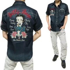 ベティーブープ ベティブープ コラボ ブレイブマン デニムシャツ ドレス/薔薇 刺繍 半袖 BETTY BOOP The BRAVE-MAN キャラクター メンズ/レディース/ユニセックス インディゴ サイズM-L-XL BBB-2522