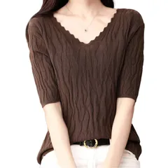ブラウン_M [プレココ] Vネック きれいめ ニット カットソー 春夏 春 夏 無地 トップス シャツ 半袖 ビッグシルエット シャツワンピース レディース ブラウン M