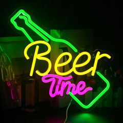 ネオンライト 「Beer Time」の文字 ビールボトルのイラスト グリーンベース 壁掛け 発光サイン LED 壁装飾 おしゃれ インテリア 照明 バー 屋内 趣味 ネオンサイン USB給電 電源スイッチあり