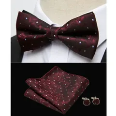格安　3点セット 蝶ネクタイ　カフスチーフ ポケットチーフ 結婚式　発表会 イベント パーティー ダンスパーティー 　卒業式　卒園式　入学式　入社式　父の日　ワンタッチ　シルバー色　ドット柄　水玉柄　ワインレッド色　赤紫色 スーツ ワイシャツ　メンズネクタイ