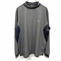 古着 le coq sportif GOLF COLLECTION ルコックスポルティフゴルフコレクション モックネックTシャツ ボーダー ロゴ刺繍 長袖 ポリ×毛 L ブラック×グレー×ホワイト 黒 メンズ