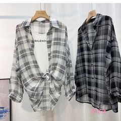 夏用レディースチェック柄シフォンシャツ ゆったりデザイン感 日焼け防止トップス 長袖ブラウス 大きいサイズ
