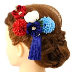 髪飾り 成人式 つまみ細工 赤 振袖 前撮り 袴 浴衣 夏祭り 花火大会 豪華4点セット 白 青 水色 ちりめん 房付き ヘアアクセ か No.9-4131