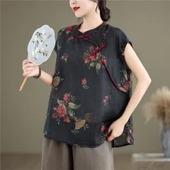 夏シャツ フレンチスリーブ レディース トップス 自然に体型カバー  ゆったり 花柄 プルオーバー  チャイナ服風 程よい肌見せ 特別な日にもオススメ