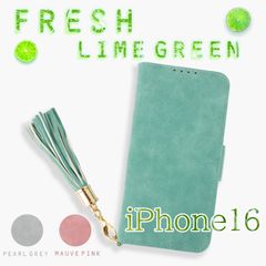 iPhone16 ケース 手帳型 おしゃれ 革 レザー ストラップ付 鏡付 アイフォン16 緑 グリーン 紫 パープル グレー 灰 カバー 送料無料 安い スマホケース