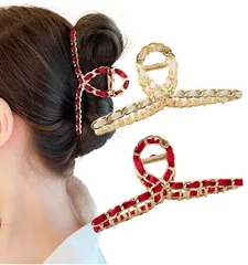 [Herbeluemily] ヘアクリップ ヘアクロー ダッカール バンスクリップ 髪留め ゴールド リボン 2個セット オフホワイト+レッド [オフホワイト+レッド]