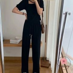 セットアップ 上下セット レディース 夏 ワイドパンツ Tシャツ パンツ 半袖 ボトムス お洒落 カジュアル