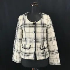 ロジータ/Rojita★バブリー柄♪ノーカラー/ツイードジャケット【レディースS-M程度/白×黒系/white×black】チェック柄/Jackets◆cBH274<sale>