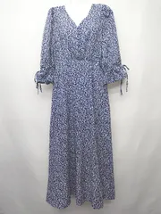 ◇ JUNOAH ジュノア 花柄 五分袖 ロング ワンピース サイズL ネイビー ホワイト レディース P  【1407260022930】