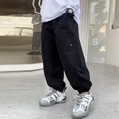 ☆ ブラック ☆ 150cm ☆ キッズカーゴパンツ コットン カーゴパンツ キッズ コットン パンツ ズボン ロングパンツ テーパード ロング ウエストゴム 裾ゴム 軽い 子供服 男の子 女の子 肌触りが良い 快適 通気性 吸汗性 通学 通園