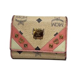 MCM(エムシーエム) 3つ折り財布 - ベージュ×黒×ピンク スタッズ