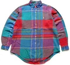 90s ラルフローレン マドラスチェック ボタンダウン コットン ライトネルシャツ★オールド ワンポイント ロゴ刺繍 オーバーサイズ