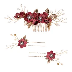 新品 [PureSino] 髪飾り ヘアアクセサリー ヘッドドレス 花 パール ヘアピン 和装髪飾り 3点セット フラワー コーム Uピン ヘアピン ウェディング 成人式 七五三 パーティー 披露宴 卒業式 入学式 和装 ヘアアクセサリー