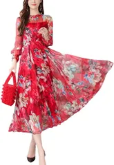 Ava Knights 花柄 シフォン レース 長袖 ワンピース XLサイズ( レッド,  XL)