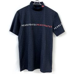 パーリーゲイツ　半袖モックネック　ストレッチメッシュ　ロゴ総柄　サイズ5　ネイビー系