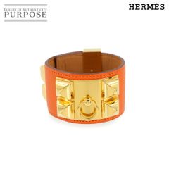 新品同様 エルメス HERMES コリエドシアン バングル エプソン オレンジポピー □R刻印 ゴールド 金具 Collier De Chien Bangle 90293476