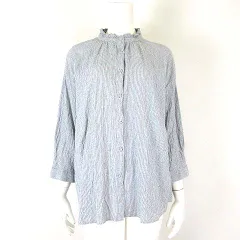 SEASON REASON by Lin.＆Red シーズンリーズンバイリンアンドレッド シャツ ブラウス ストライプ フリル襟 スタンドカラー コットン ストレッチ ドロップショルダー 7分袖 LL オフ白 青 ブルー 大きいサイズ