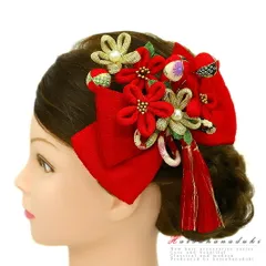 髪飾り リボン 卒業式 袴 成人式 赤 振袖 花 2点セット ゴールド ちりめん 玉飾り 房付き 組紐 パール 和柄 かんざし 日本製 古 No.9-3001